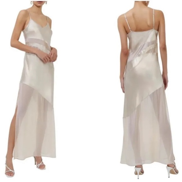 French Connection Dresses & Skirts - FRENCH CONNECTION Inu Satin Mesh Cutout Slip Dress Wild Wheat NWT Sz 12